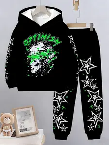 Boys' Fashion Junior 3D Head Portrait & Letter Star Print Hoodie Sweatshirts Set, Casual Fitted Short Sweatpants, Colorful Geometric Pattern, All Seasons, Youth Kits, Hoodies