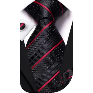 Mens Paisley Striped Tie and Handkerchief Cufflinks Tie Set for Men Wedding Business Formal