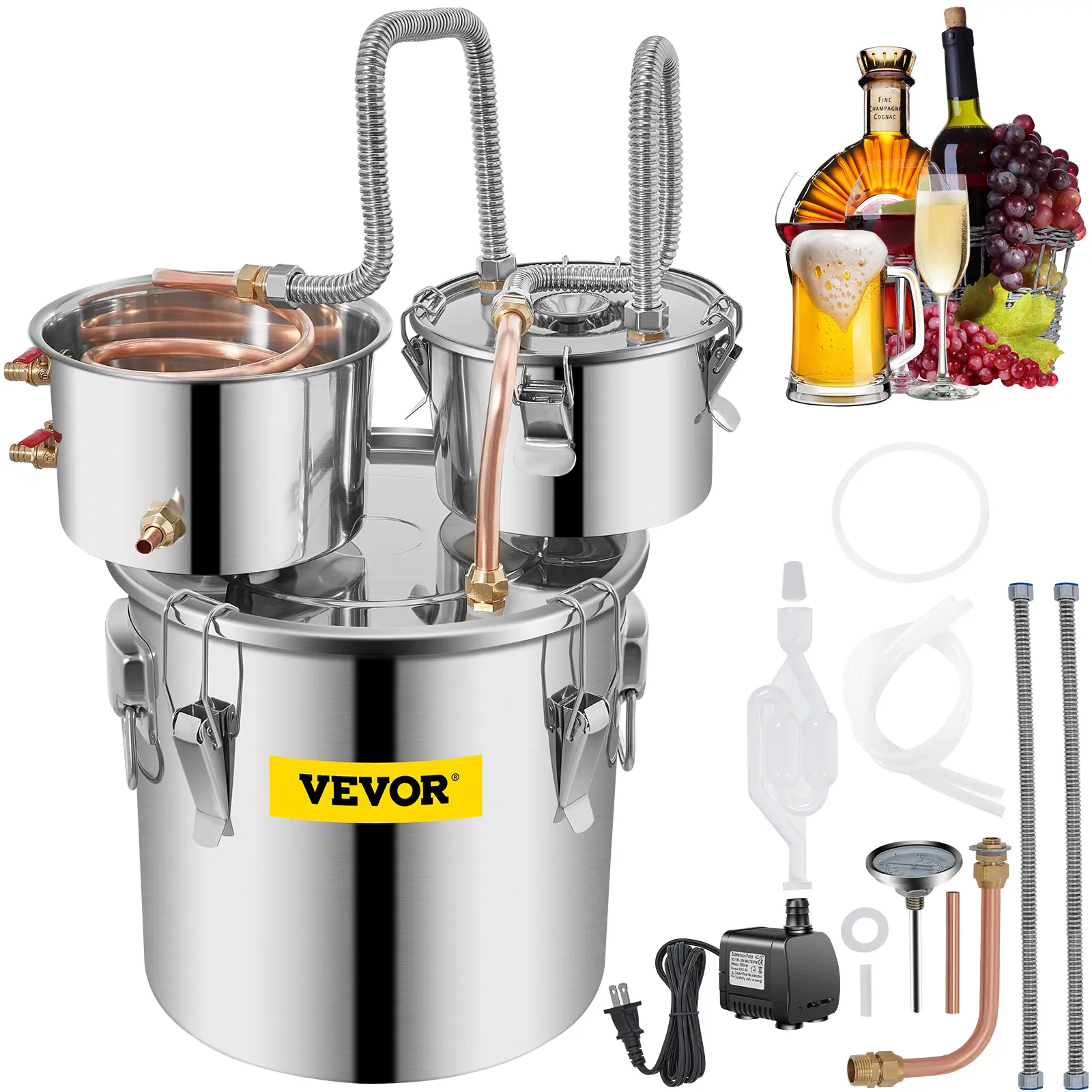 【summerfinds】VEVOR 3Gal/12L Stainless Steel Ceramic Moonshine Still Distiller, Silicone Flexible Copper Tube, Circulating Pump, Built-in Thermometer, Home Brewing Kit for DIY Whisky, Wine | Father's Day Gift