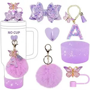 6pcs Tumbler Cup Accessories Set, Butterfly Straw Topper, Bling Bow, Sparkly Silicone Boot, Letter Charm and Pompom for Water Bottles Aesthetic Drink Protector