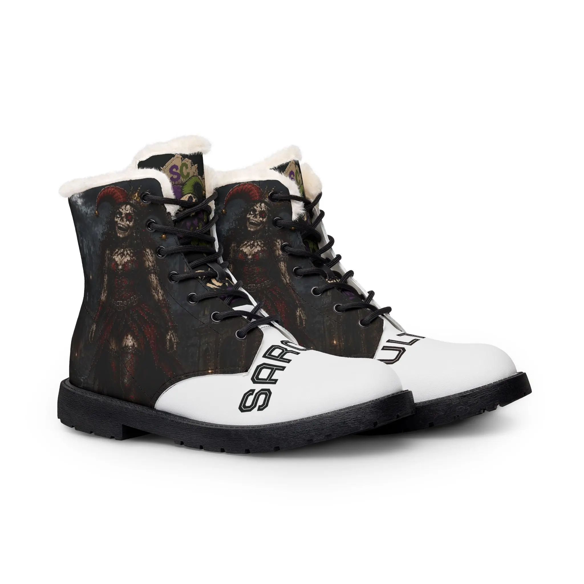 Women's Gothic Combat Boots with Skeleton Clown Print - Soft Fleece-Lined Vegan Leather Lace Up Footwear, Shoe, Gothic Art, Bold Look, Pvc Sole, Synthetic