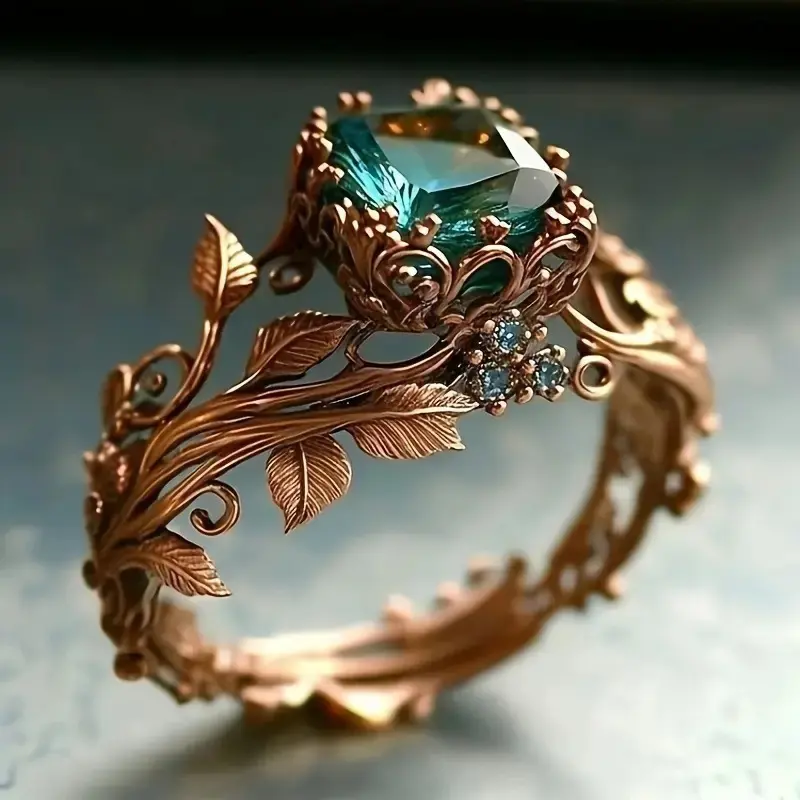 Ancient Totem Ring with Green Crystal - Men's Accessories, Accessories for Women - Energy Grounding Tribal, Ornate Filigree & Vine Designs - Statement Fantasy Jewelry