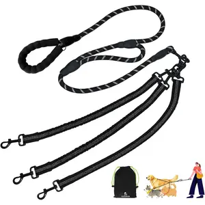 No Tangle 3-in-1 Leash for 3 Dogs, with 360° Swivel & Shock Absorbing Bungee, Padded Handle Walking Lead for Large Medium Small Dog