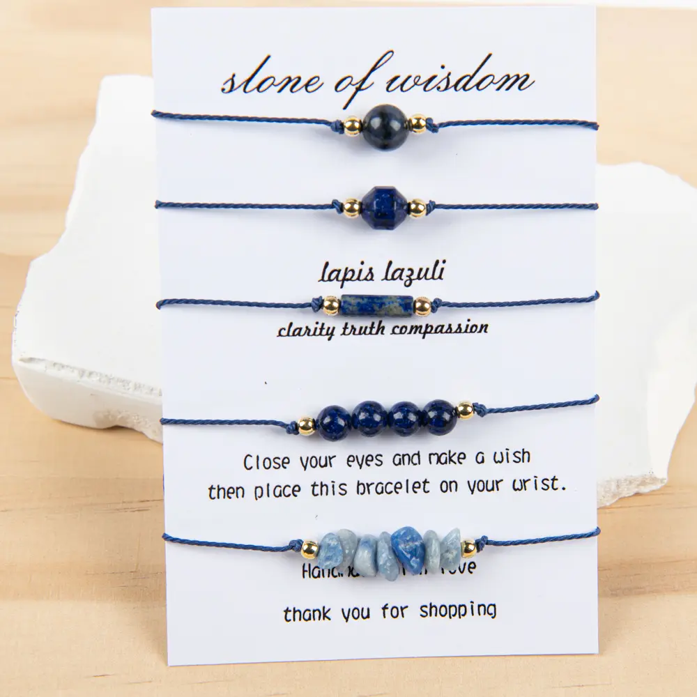 ARPURRAINA 5-Pcs Lapis Lazuli Adjustable Braided Bracelet, Handcrafted Natural Stone Bead Jewelry Gift for Girlfriend with Card Description, Elegant Valentine's Day Accessory summerwins