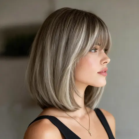 SMILCO Premium Synthetic Lace Front Wig - 12-in Gray Brown Highlight Short Straight Bob with Bangs, Glueless Adjustable Cap Fuss-Free Rose Mesh Bottom, Heat Resistant Synthetic Fibers Wig for Daily Wear, Dating (Middle/Side Part Compatible), SM164, Gluele