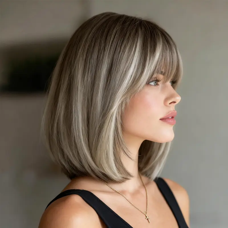 SMILCO Premium Synthetic Lace Front Wig - 12-in Gray Brown Highlight Short Straight Bob with Bangs, Glueless Adjustable Cap Fuss-Free Rose Mesh Bottom, Heat Resistant Synthetic Fibers Wig for Daily Wear, Dating (Middle/Side Part Compatible), SM164, Gluele