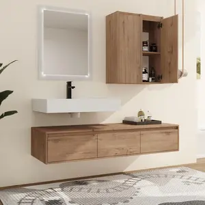 60 Inch Floating Bathroom Vanity, 60" Brown Single Sink Bathroom Vanity Combo, Modern Wall Mounted Bath Cabinet Set with Sink open wood shelf storage