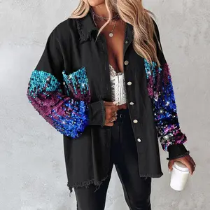 Women's Colorblock Sequin Patchwork Long Sleeve Jacket Top Button Front Raw Hem Shacket