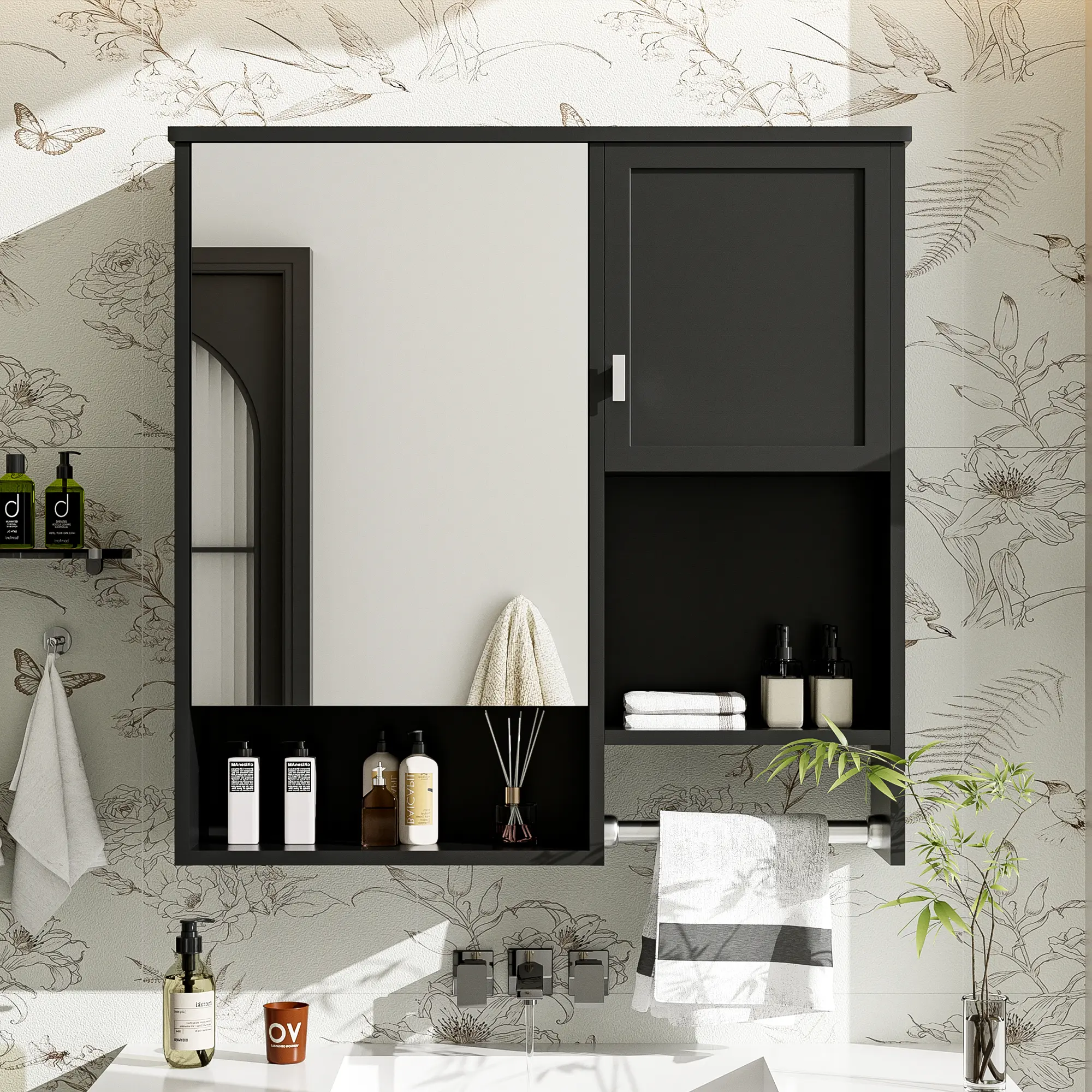 29 x 28 Inch Modern Wall Mounted Bathroom Medicine Cabinet with Mirror, Over the Toilet Space Saver Storage Cabinet with Towel Bar, Wall Hanging Vanity Mirror Cabinet for Bathroom Organization, White Finish, Home Furniture and Household