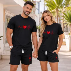 Couples’ Romantic Heart Graphic T-Shirt and Shorts Set, Casual Summer Two-Piece Outfit with Drawstring Shorts for Home and Outdoor Activities