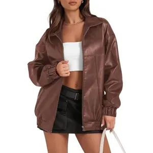 Ebifin Womens Leather Jacket Oversized Faux Casual Zip Up Bomber Motorcycle Jackect Trendy Fall Winter Clothes S-XXL