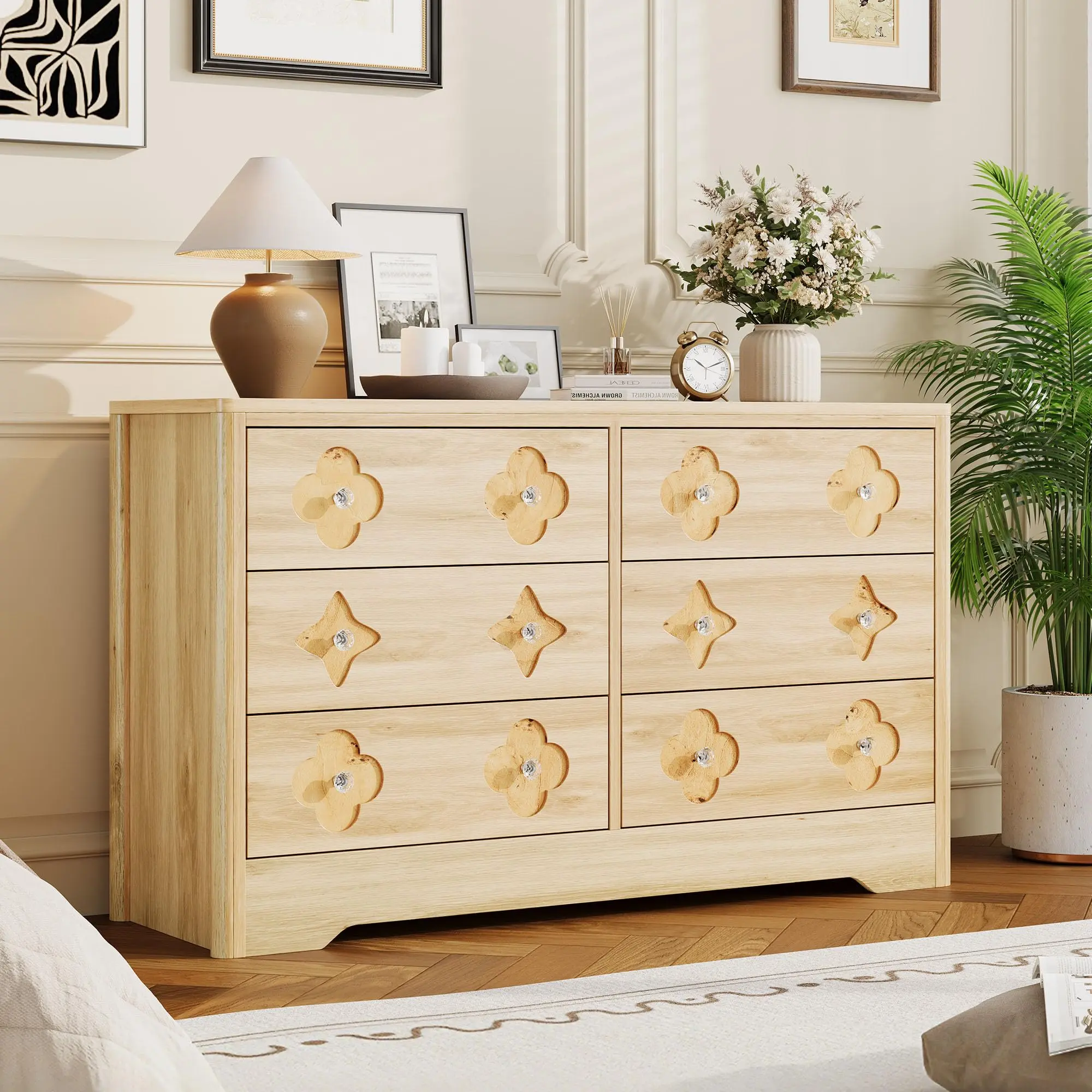 Natural Oak Wood Dresser - 47.2in Wide 6-Drawer Durable Waterproof Bedroom Furniture, 15.7inD x 47.2inW x 30.3inH, 80lb Load Capacity, Assembly Required, Decorative Drawer Fronts, Storage Cabinet, TV Stand for Bedroom, Living Room, 15.7''D X 47.2''W X 30.