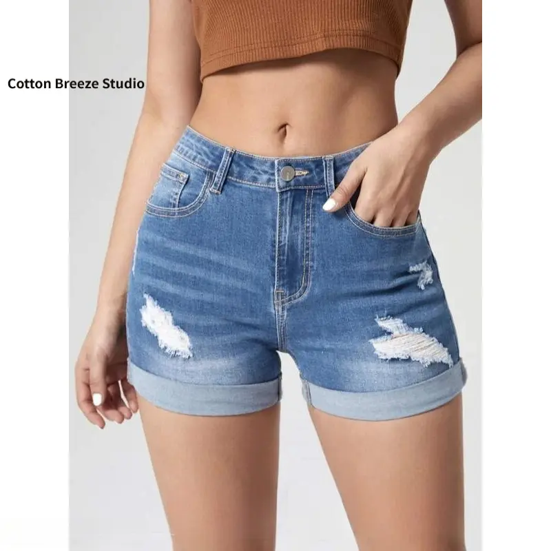 Women's Minimalist High-Waisted Ripped Denim Shorts - Lady's Slim-Fit Bottoms with Rolled Edges, High Elasticity, Multi-Size & Plus-Size Options, Jean Shorts, Casual Wear, Basic, Short Length