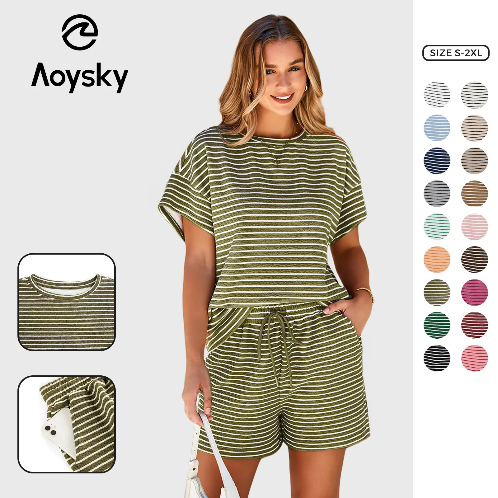 Aoysky Women's Pajama Set, Casual Striped 2 Piece Matching Lounge Outfit with Cute Short Sleeve Top and High Waist Drawstring Shorts, Loungewear, Two Piece Set