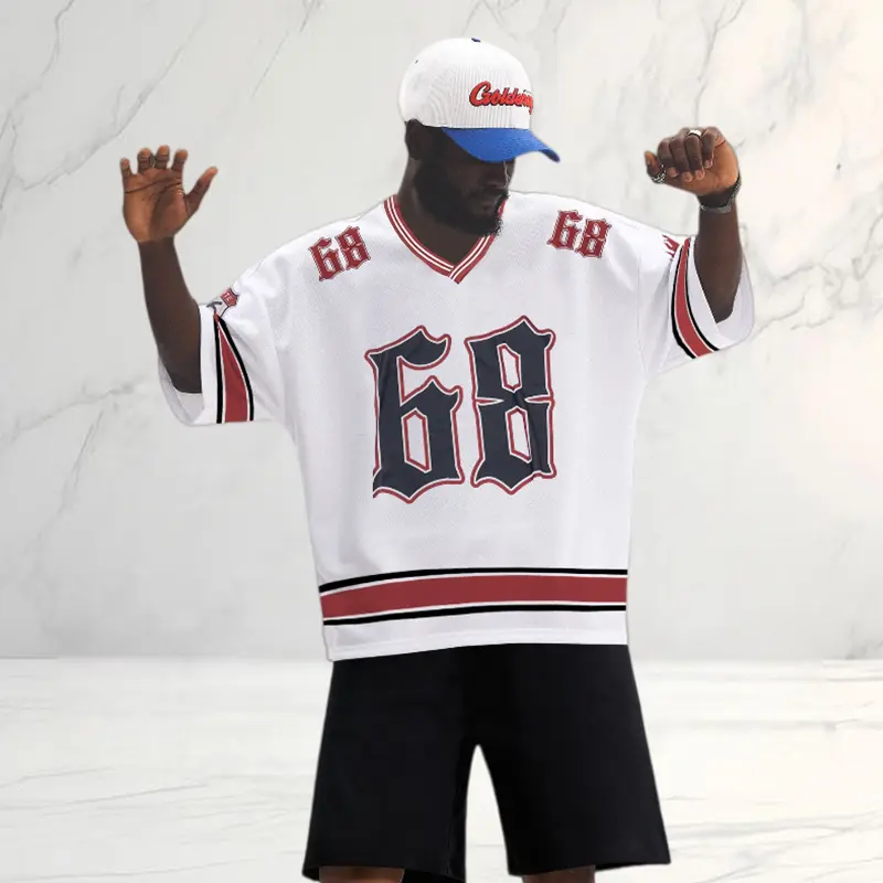 Men’s American retro V neck jersey short sleeve T shirt, high street athletic style, number print, red/white/black color block stripes, breathable mesh fabric, loose and versatile sportswear