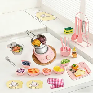 Kids Pretend Play Kitchen Toys Realistic Mini Cooking Set Creative Cookware Educational Playset for Girls Boys,  No Anti-scald Rack, Christmas Birthday Gift with Free Adapter