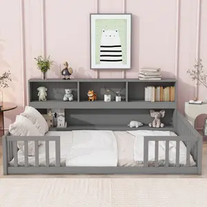 Bellemave 78x63.5in Modern Toddler Bed Frame - Quality Pine Wood Floor Bed with Side Shelves, Guardrails, Storage Headboard, Easy Setup for Minimalist Bedrooms, Modern Bed Frame