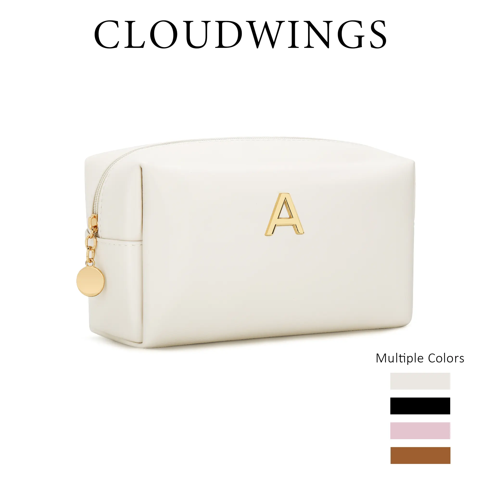 CLOUDWINGS Personalized Initial PU Leather Waterproof Makeup Bag - Zipper, Custom 3D Metal Initial, Portable Vanity, Leakproof Travel Cosmetic Pouch for Vanity Organization, Mother's Day Bridesmaid Gift