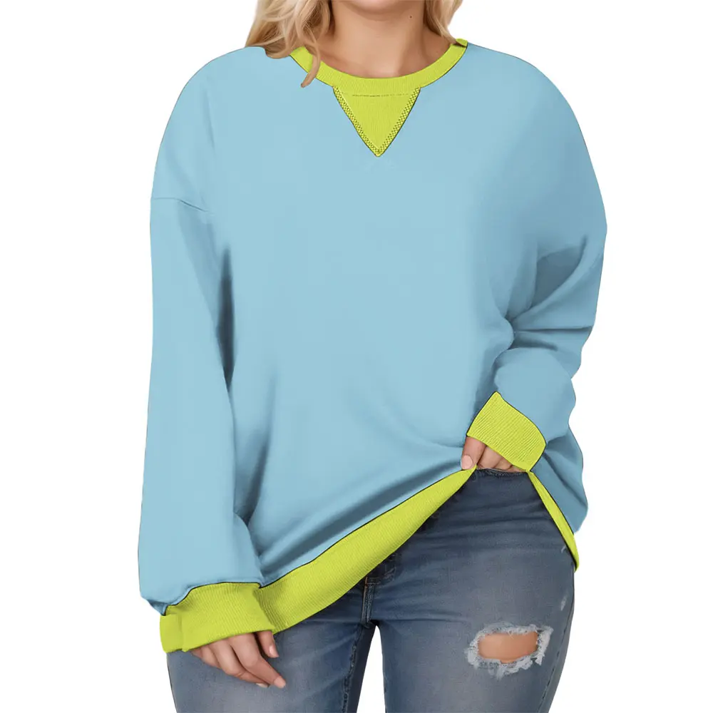 Women's Plus Size Crewneck Oversized Sweatshirt - Chic, Lightweight, Breathable Ribbed Fabric Style, Loose Long Sleeve Color Block Tunic Pullover Top for Pairing with Jeans, Fabrics, Casual, Longsleeves, Piece, Layering Outfits, Valentines Day, Rayon, Dro