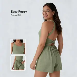 G3 Backless Twisted 2-in-1 Resort Plus Size Romper with Pockets-Easy Edition, Flare Dance Active Dress, Summer Outfits, sport short skirt pant, for dance and casual activities.Built-in shorts with open back waistband for easy peezy bathroom breaks