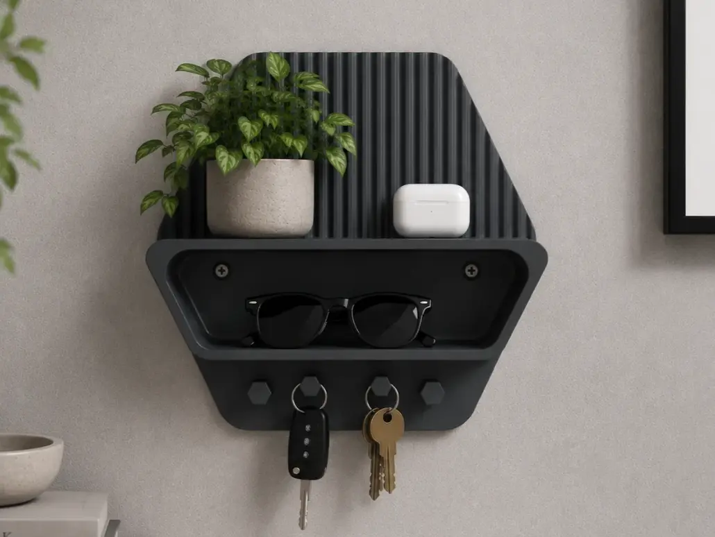 Modern 3D-Printed Ribbed Entryway Organizer Shelf with Key Hooks | Wall-Mounted