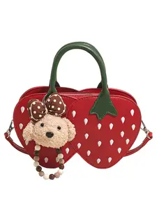 High-Quality Fun Strawberry Crossbody Bag, Realistic Strawberry Design, Bear Charm, Handbag and Crossbody Dual Use, Cute Strawberries Handbag with Bear Pendant