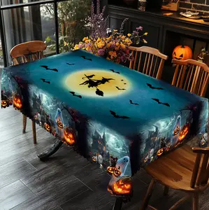 PLUMLIK Mysterious Halloween Tablecloth with Cute Spooky Black Cat Pumpkin Patterns, Halloween Decor 2025, Day Of The Dead Round Rectangular Table Cloth, Kitchen Homegoods Halloween, Holiday Indoor Outdoor Halloween Ghost Bonfire Party Table Decor
