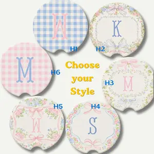 Monogram Car Coaster, Custom Floral Soapstone Cup Holder,  Preppy Cute Car Accessories Personalized Aesthetic Car Decor Custom Gift for Her Birthday Gift