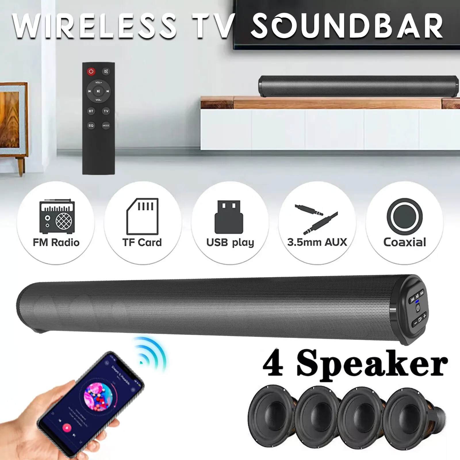 Smart TV Bar Speaker, 4-Speaker Surround Sound Wireless Home Theater Stereo Speaker, 20W 21.5-Inch Home Audio Bar Speaker, AUX RCA FM USB TF TWS Audio Input, Suitable for TV Computer Gaming Music Movies, Infrared Remote Control