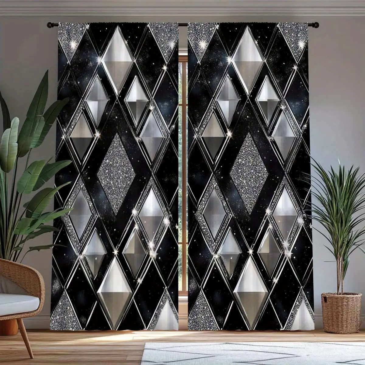 Silver Color Diamond Print Curtains Set, Window Curtain, Home Decorative Curtain, Simple Rhombus Pattern Design, Half Light Blocking Rod Pocket, Bedroom Living Room Office Decor, Window Drapes