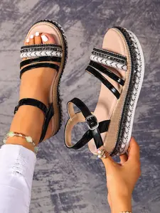 Women's Fashionable Braided Strap Wedge Sandals, Boho Style Colorblock Braided Straps Sandals, Soft Comfortable Beach Shoes for Summer, Girl