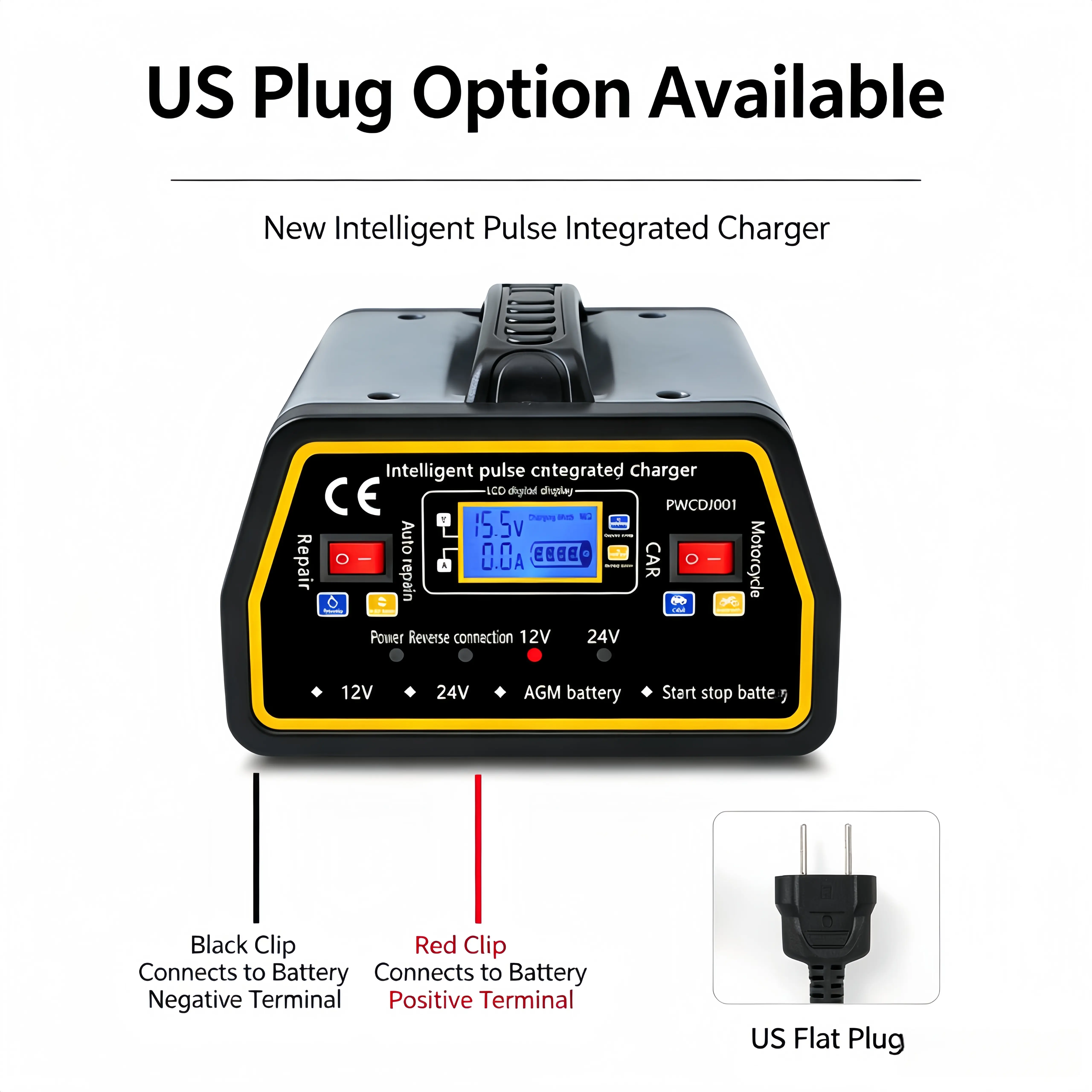 12V-24V Input Compact Pulse Car Battery Charger for Cars, with Auto Battery Detection, LCD Display, Full-Stop Multi-Safety Protection, Heavy-Duty Cables for Emergency Jump & Vehicle Charging, Short-Circuit Protection,  alternator tester