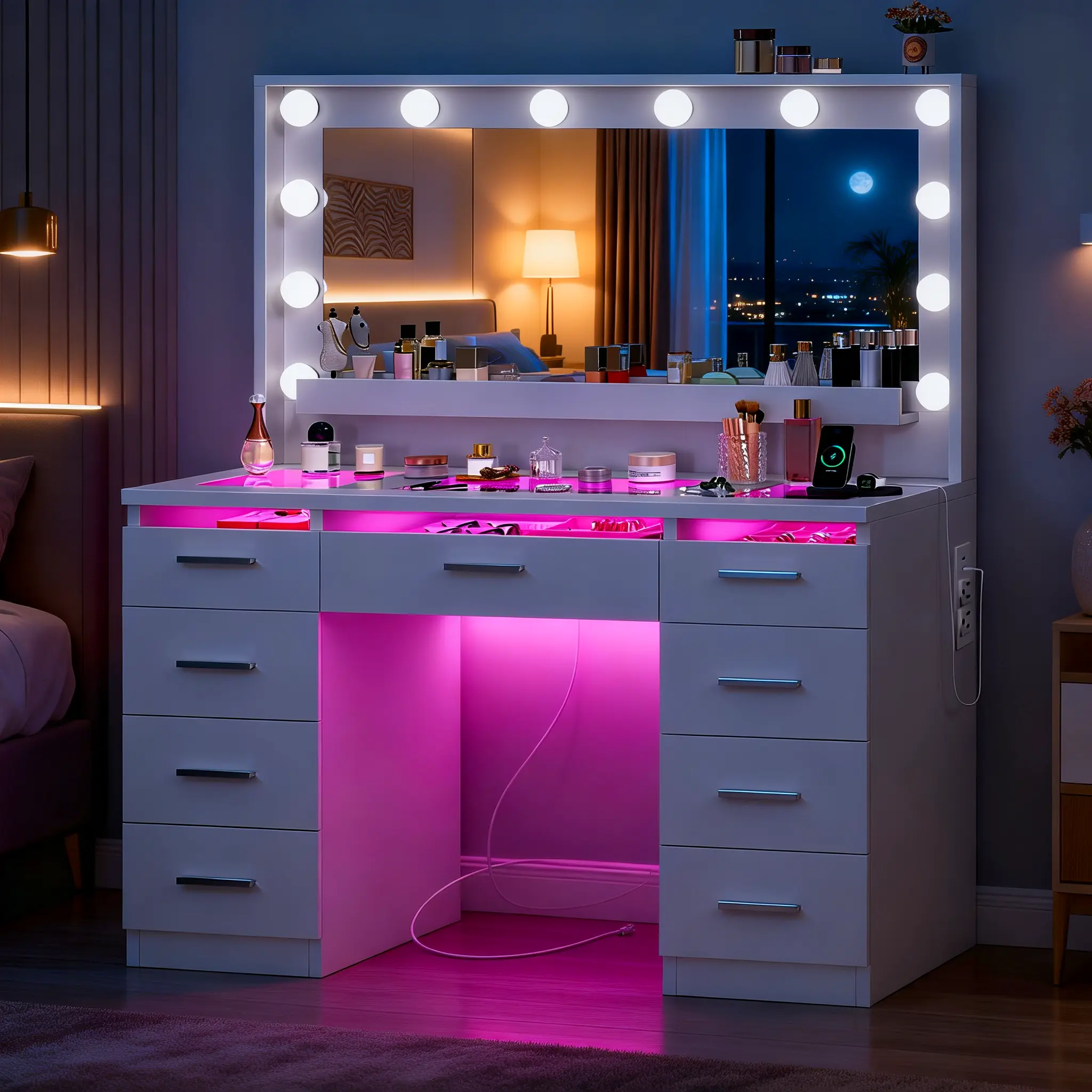 Women's Stable Makeup Vanity Desk - Indoor Furniture with RGB-Lit Mirror, Glass Top, 9 Drawers, Charging Station, 3 Lighting Modes, Dresser Organization for Bedroom Deskmakeover