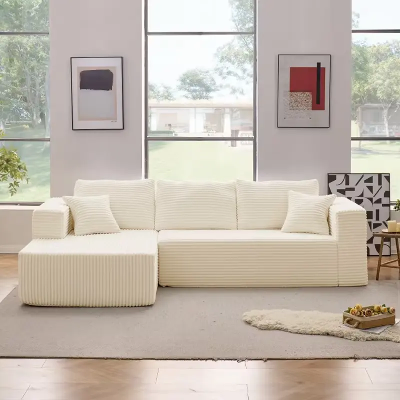 White Corduroy Left Chaise