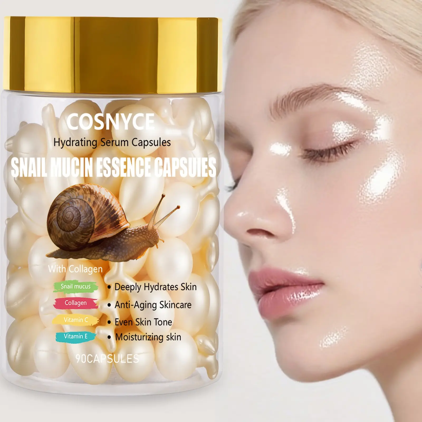 Cosnyce Snail Mucus Essence Capsules, Hyaluronic Acid Collagen Retinol, Moisturizing Skincare, Firming and Hydrating, Firming Serum, Face Serum Capsules, Facial Essence
