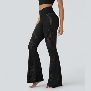 Halara Softlyzero High Waisted Crossover Back Pocket Contrast Lace Flare Yoga Leggings