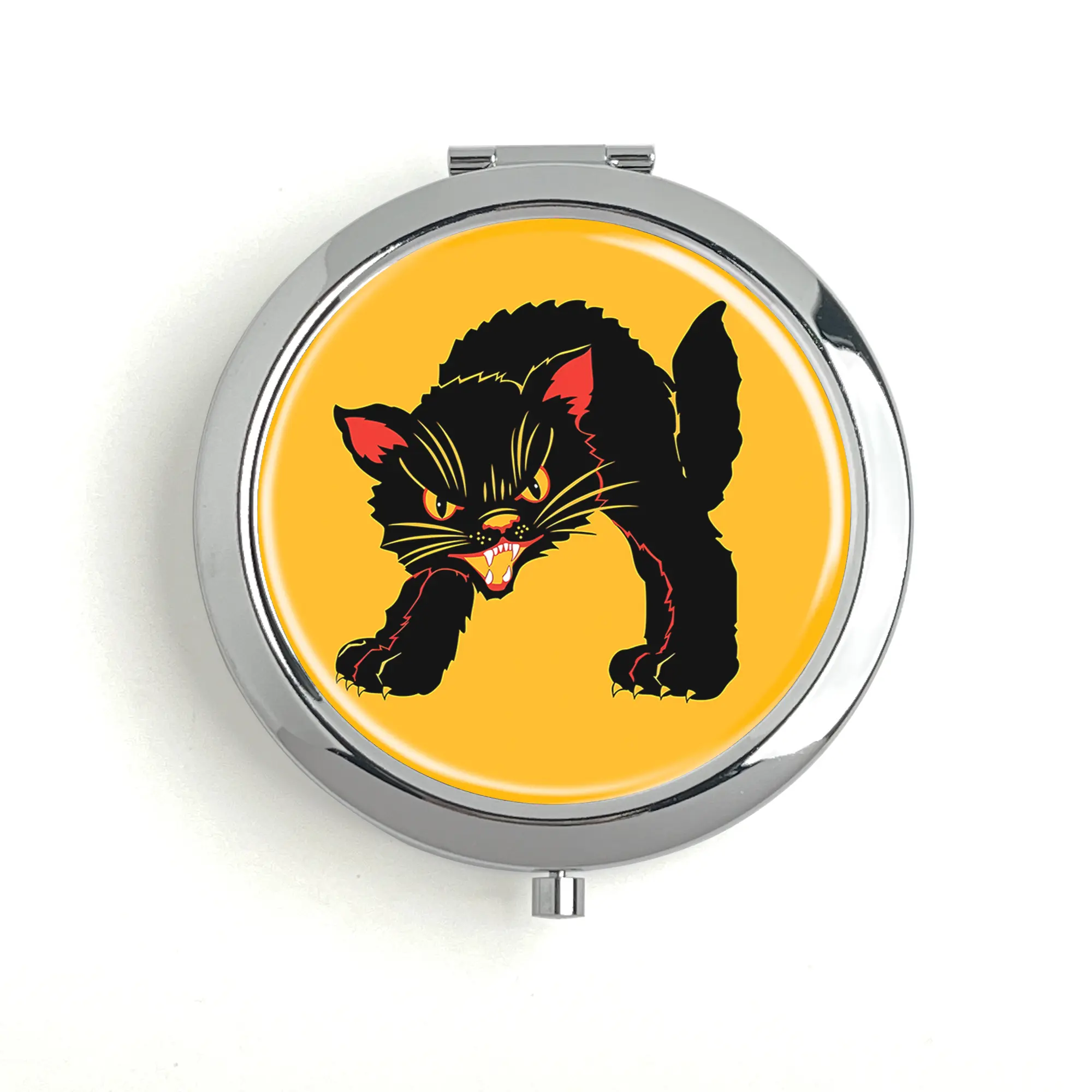 Vintage Fraidy Black Cat Pill Box Travel Pill Box Vitamin Storage Box Metal Makeup Mirror with Unique Design 70mm Diameter