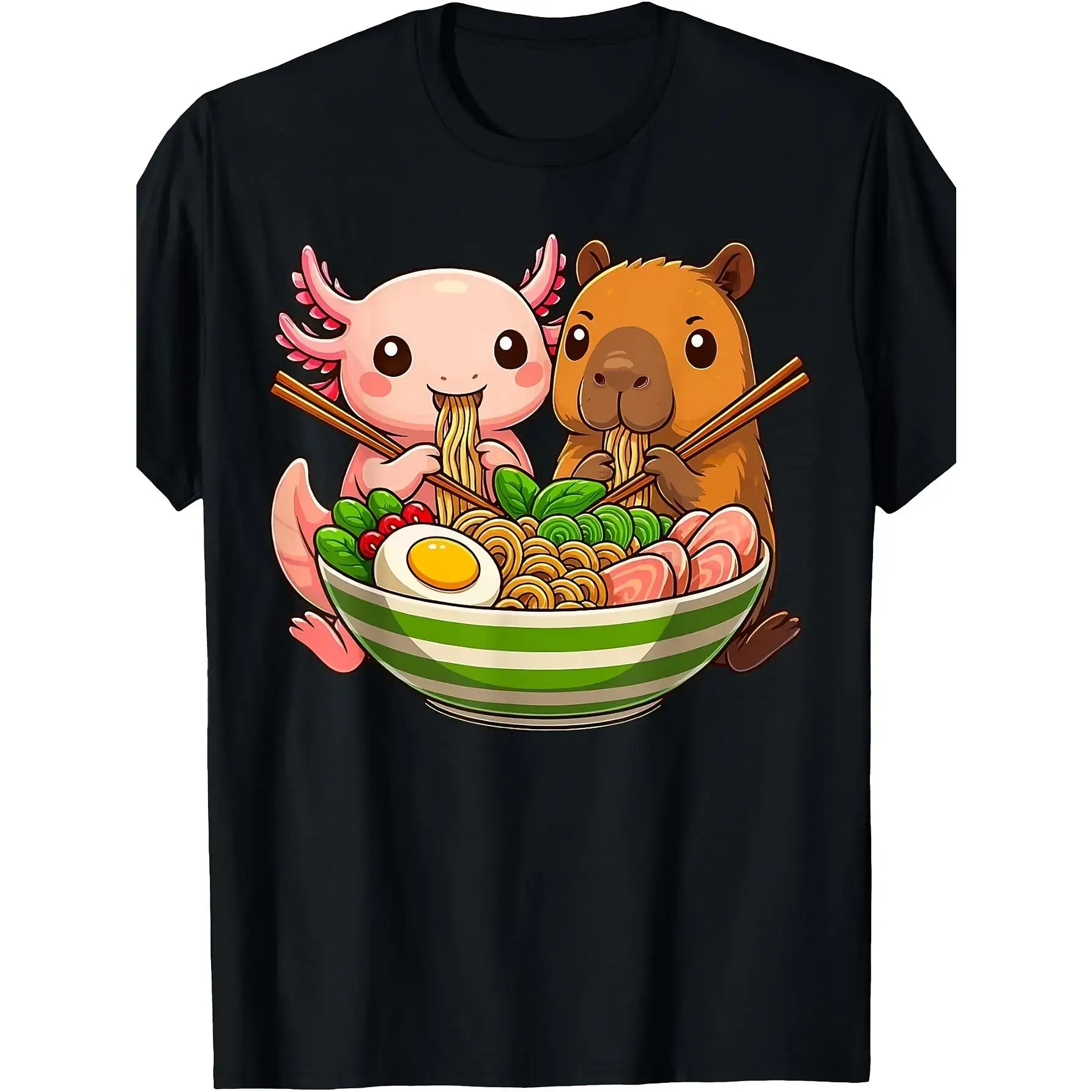Axolotl And Capybara Eating Ramen Noodles T-Shirt |   Vintage Style, Crew Neck, Slight Stretch Fabric, Regular Fit, Perfect For Adults, All-Season Wear
