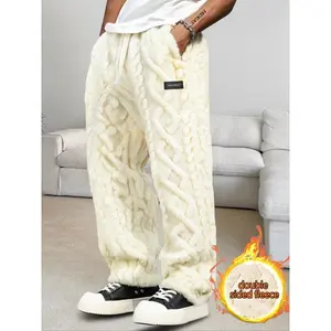 New men’s thick fleece-lined long pants with a drawstring waist and jacquard fabric, suitable for daily home and outdoor use, unisex design, casual streetwear trousers