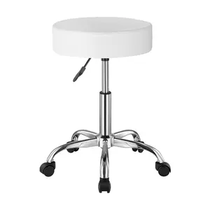 【Spotlight Day】VEVOR Rolling Stool with Wheels, 450 LBS Weight Capacity Round Rolling Stool Chair, Height Adjustable Thickened PU Leather Swivel Stool for Salon, Spa, Massage, Tattoo, Clinic, White