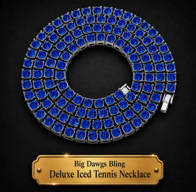 Silver Iced CZ Row Tennis Baseball Chain Necklace Blue