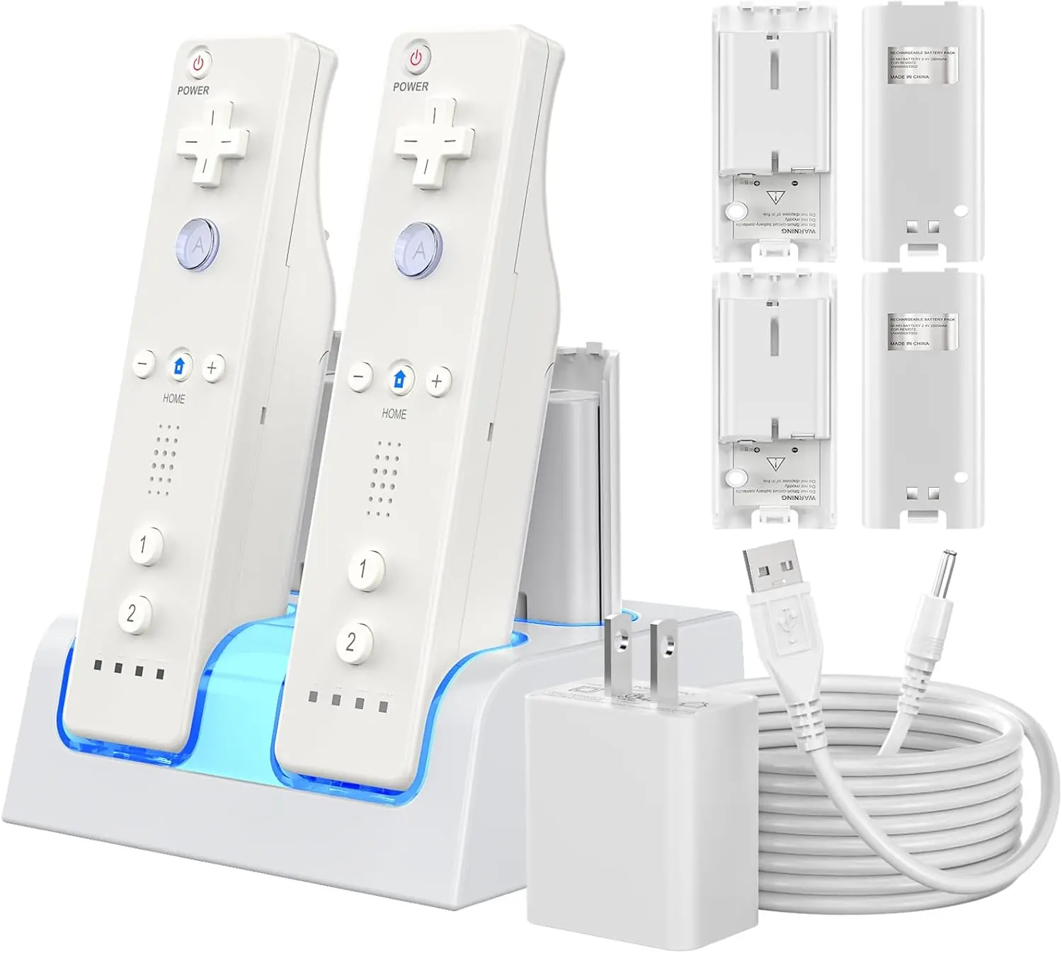 RUNTOGOL  Wii Remote Charger,Charging Station with 4 Pack 2800mAh Rechargeable Battery,Plugs, USB Cable for Wii/Wii U Remote Controller(Not Include Controllers) Console