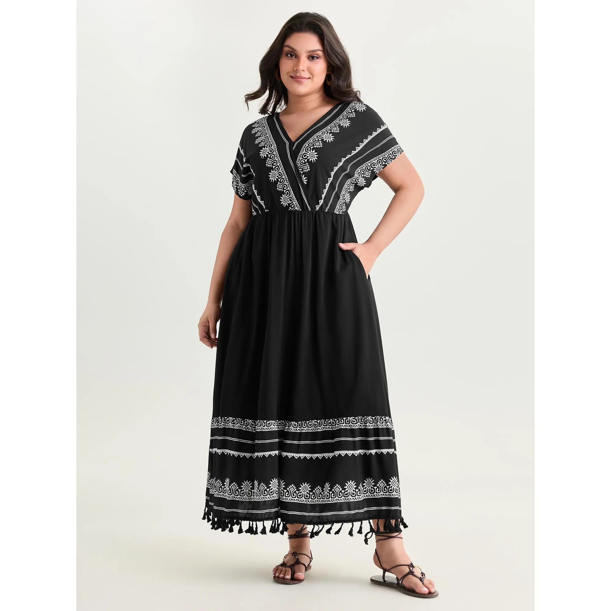 BloomChic Women's Plus Size Boho Maxi Dress - Ethnic Floral Print, 100% Rayon Soft, V-Neck Dolman Sleeves, Pockets, Asymmetrical, Cold Wash, Low Iron, Smooth Fabric, Curvy Dresses Plus Size, Casual Wear