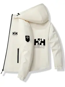 Men's Fashionable Helly Jacket with Logo, Stylish Zipper Pockets, Casual Hooded Design, Spring & Fall Wear, Slim-Fitting Outerwear