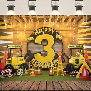 1pc 2D Flat Happy 3rd Birthday Construction Theme Party Banner - Vibrant Polyester Backdrop with Bulldozer, Cake & Construction Workers for Home, Room & Wall Decor, Perfect for Youngsters' Birth White Ornaments