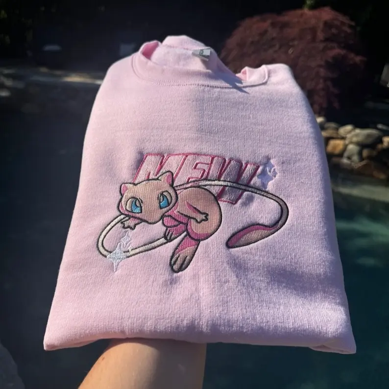 Mew Embroidered Sweater, Personal Anime Gift Hoodie, 90s Monster Stitched T-shirt, Pop Culture Aesthetic Crewneck