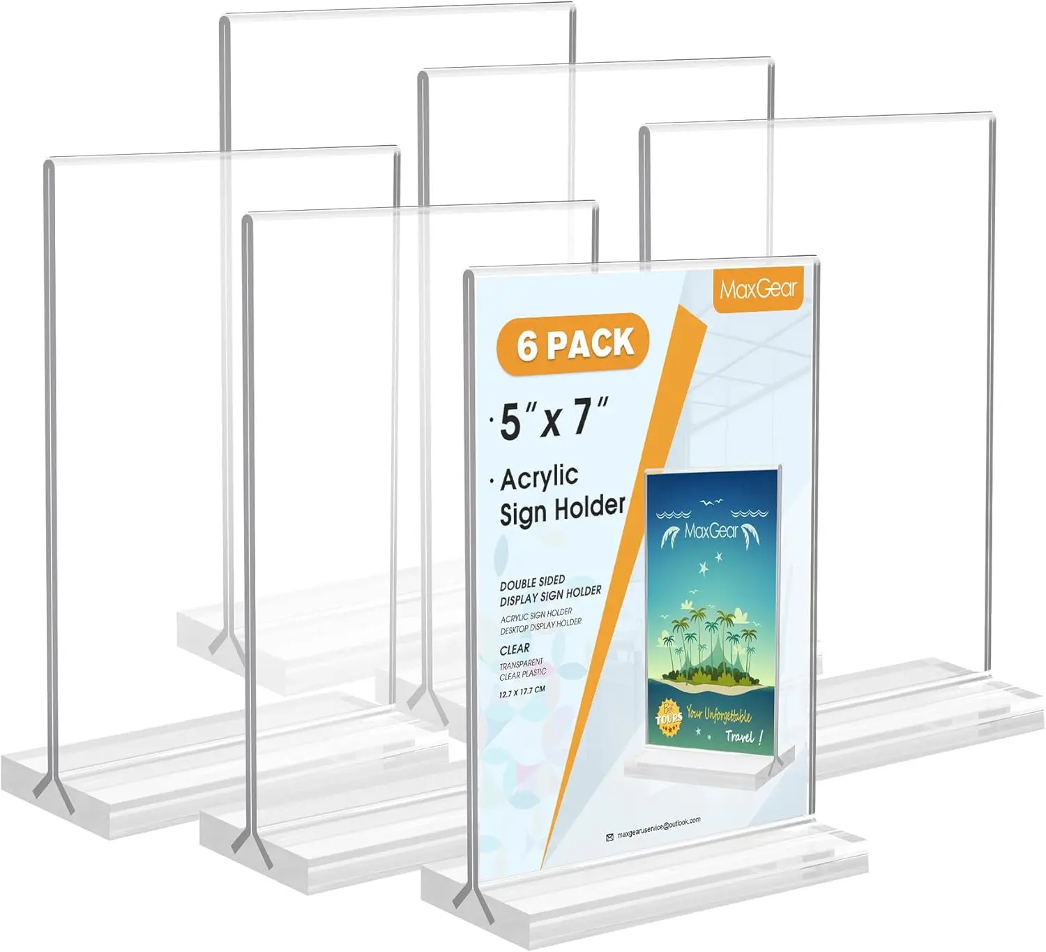 MaxGear 5x7 Lightweight Anti-Shatter Acrylic Sign Holders (6 Pack) - Bottom-Loading Pedestal Table Display Stand, Double-Sided Flyer Hold for Offices/Restaurants