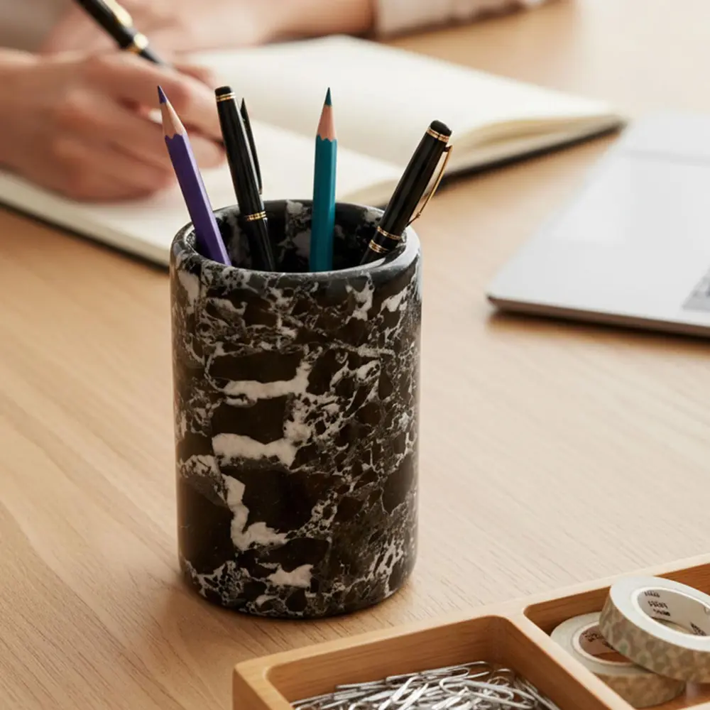 Elborse Marble Pen Holder For Desk 4" inches Handmade Stationary Holder For Office Supplies, Ideal Pencil Holders & Desk Organizer, Use for Makeup Accessories