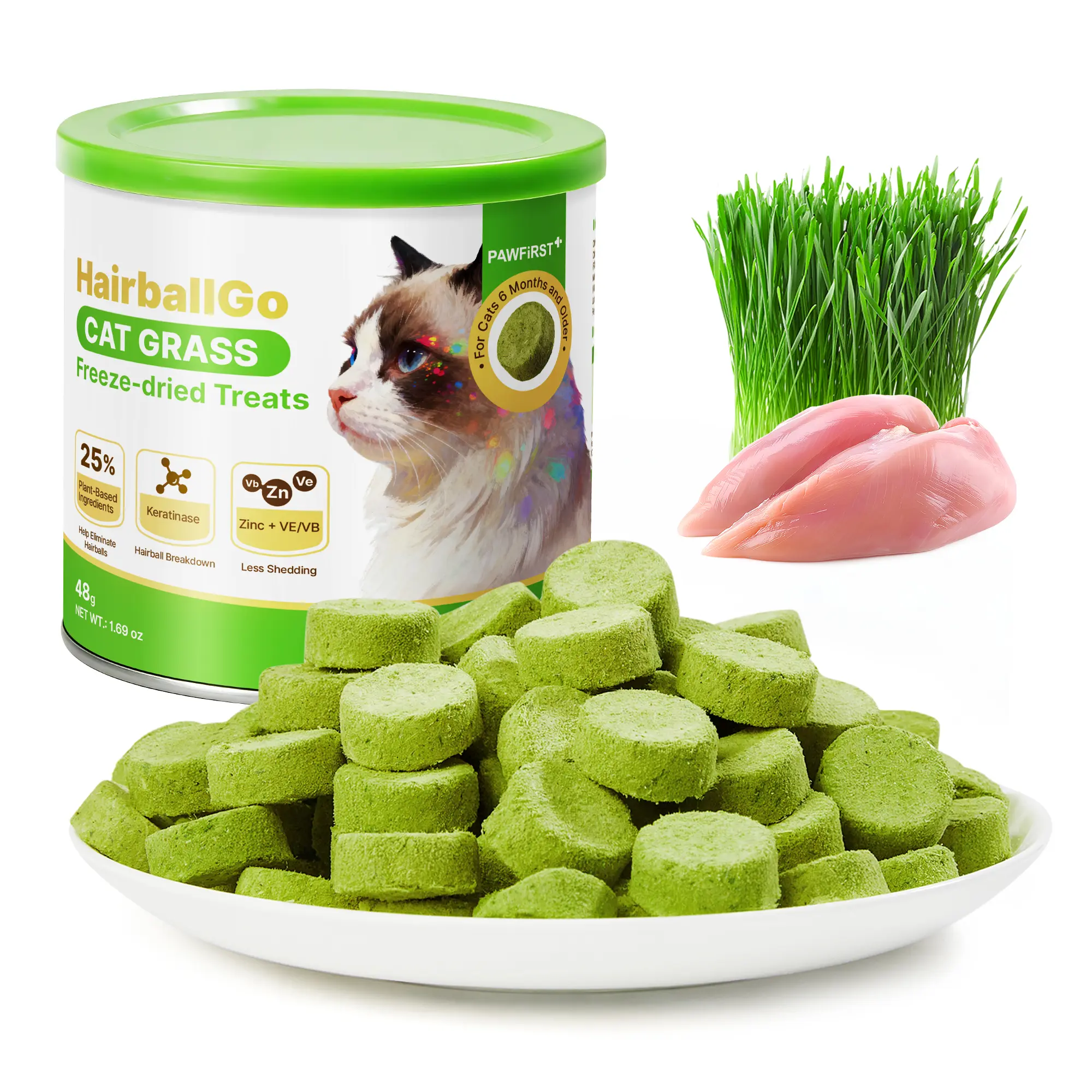 PawFirst HairballGo Freeze-Dried Cat Grass Treats for Hairball Control & Digestive Health – Chicken with Natural Barley Grass & Plant Fiber, Grain-Free Crunchy Chew Treats for Indoor Cats & Kittens