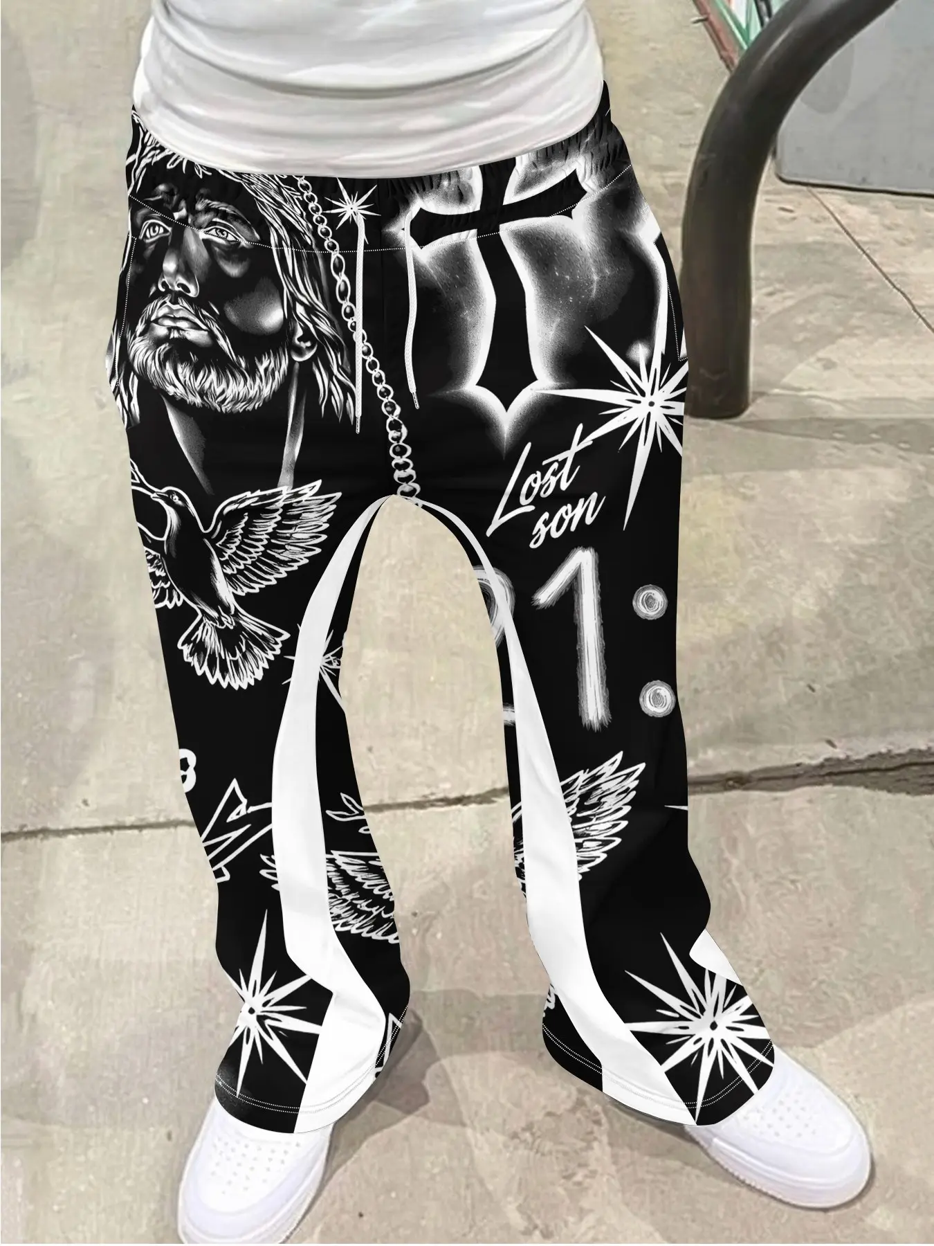 Vintage Men's Jesus Cross Print Pants, Loose Bell Bottoms, Drawstring Sportswear, 3D Soft Breathable Fabric, Casual All-Season Fashion, Breathable Athletic Bottoms, Loose Drawstring Waist Sweatpants